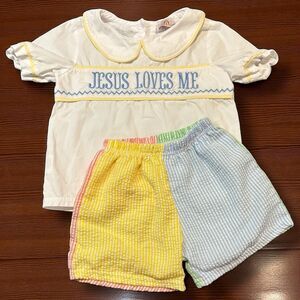 Abby & Evie Toddler Set 3T Jesus Loves Me Shirt Rainbow Seersucker Shorts Set